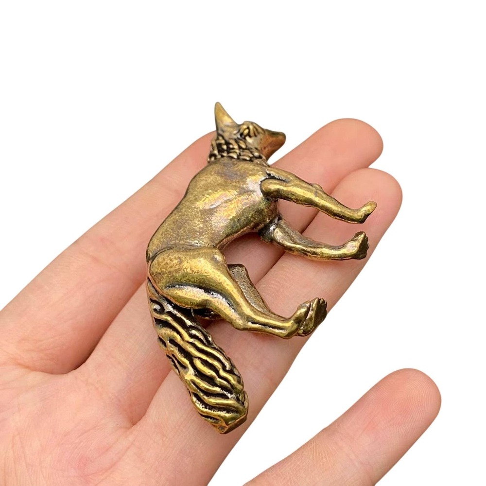 Brass Fox Figurine Miniature Wisdom Totem Altar Decor Spirit Animal 1970s Style - Picture 5 of 8